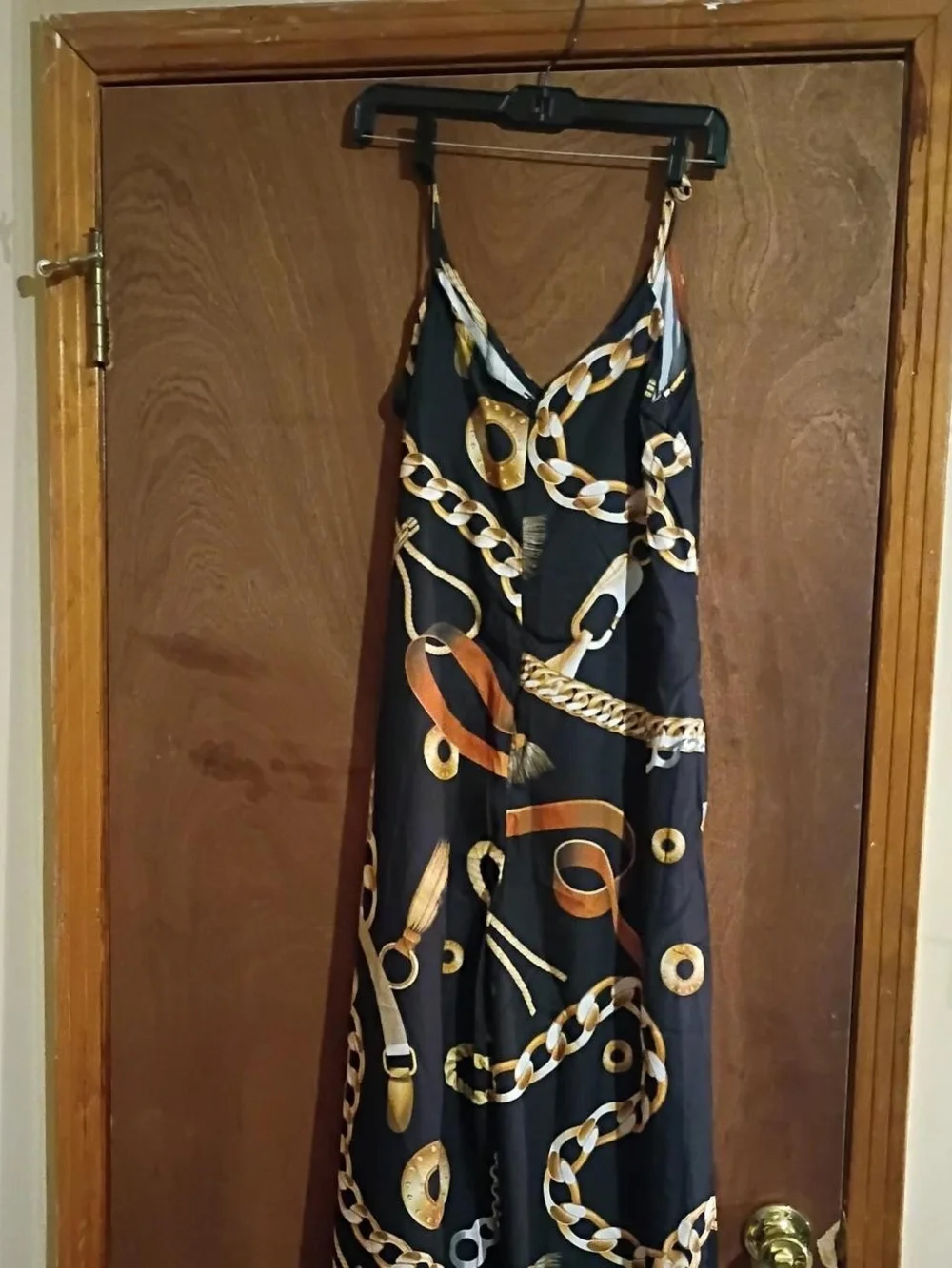Black Chain Print Satin Jumpsuit